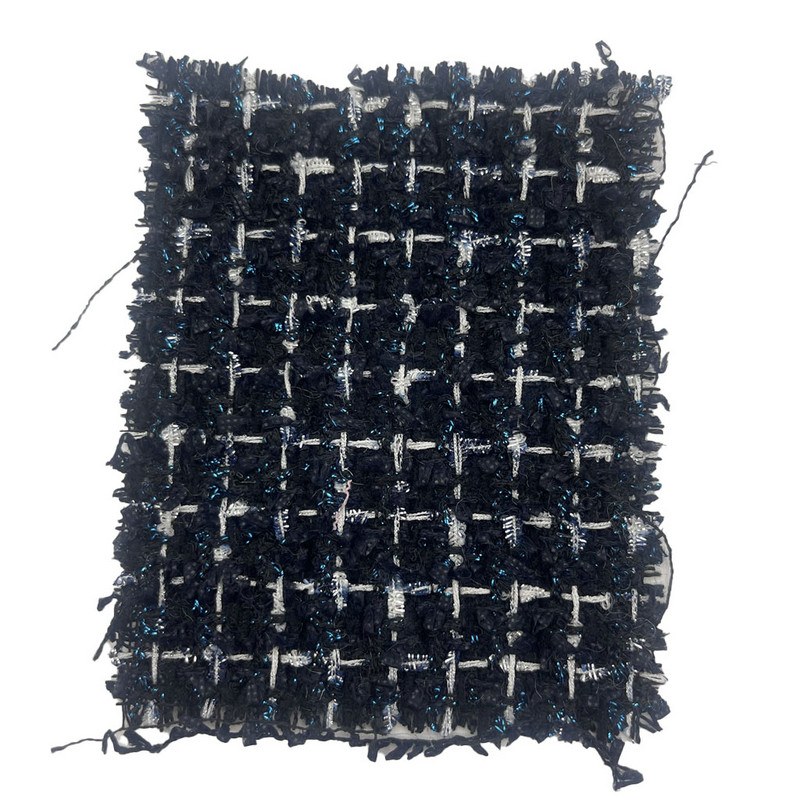 Telas de tweed a cuadros de mezcla metálica azul oscuro de lujo para ropa de mujer 23511